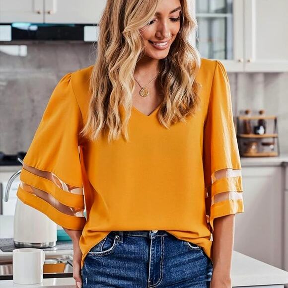 Casual V Neck 3/4 Bell Sleeve Mesh Panel Blouse Golden Glow XL - Picture 3 of 10